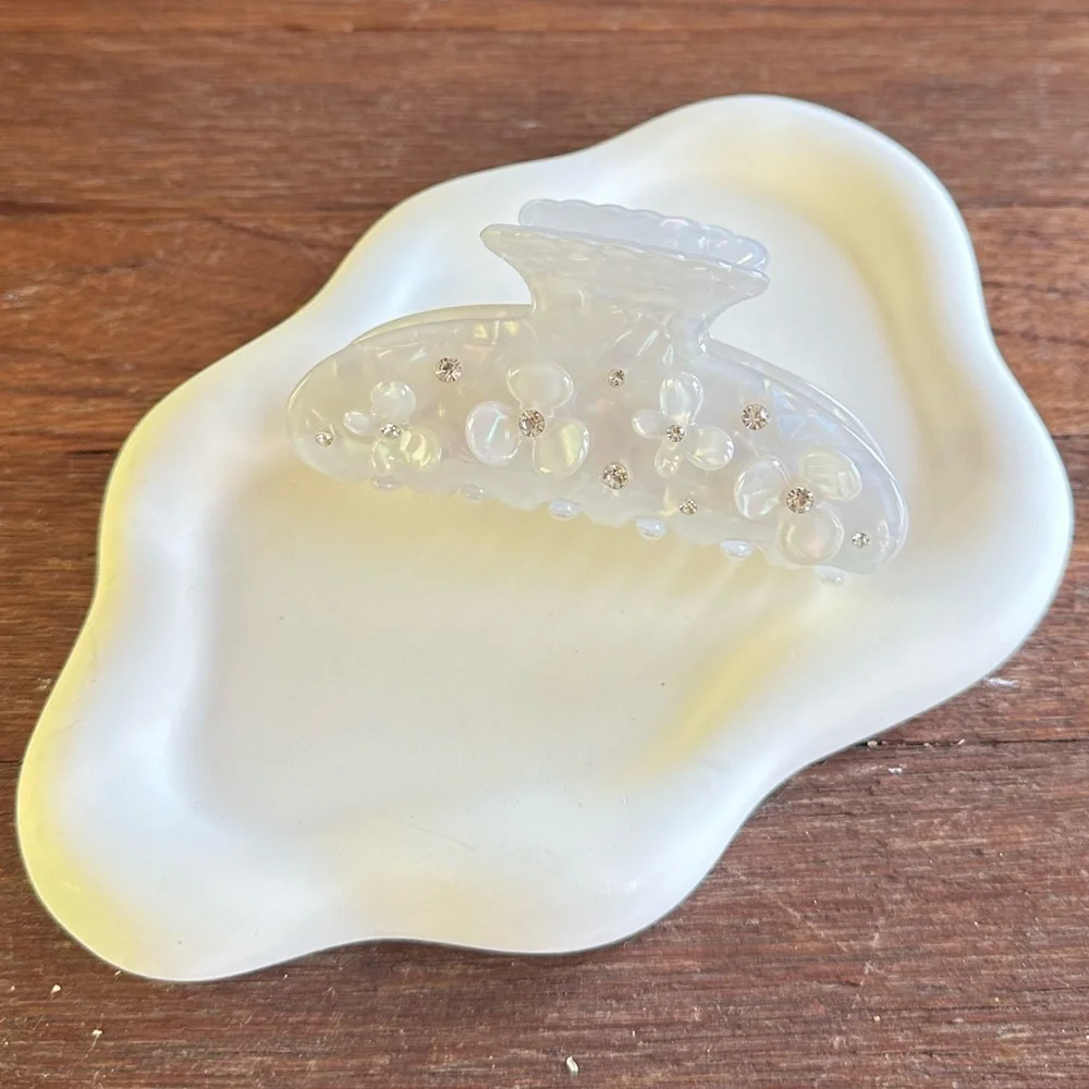 Opal White Pearl Hair Claw Clip Floral Clear Rhinestone Coquette Bridal 3.5”